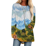 Summer T-shirt Oil Painiting Iandscape Printed  Loose Retro Tops