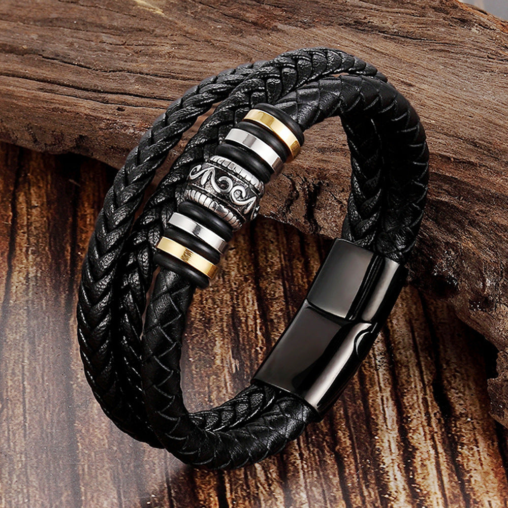 VIKING Leather Braided Multilayer Men's Bracelet