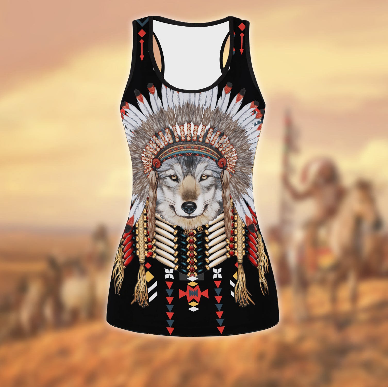 Wolf In Warbonnet Native American Leggings + Tank Top