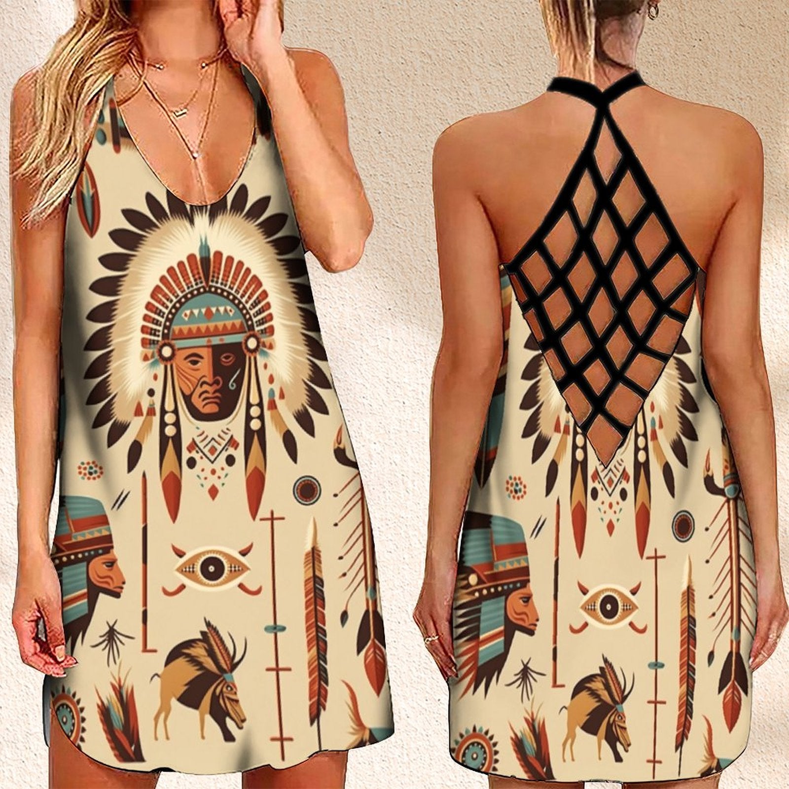 Summer Dress Native Aztec Tribe  Printed Open Back Casual Birthday Dresses For Woman