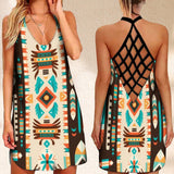 Summer Dress Native Aztec Tribe  Printed Open Back Boho Evening Dresses Women