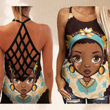 Outfits Summer African Girl Geometric Arabesque 3D Print Backless Top Cross Cross Tank Top