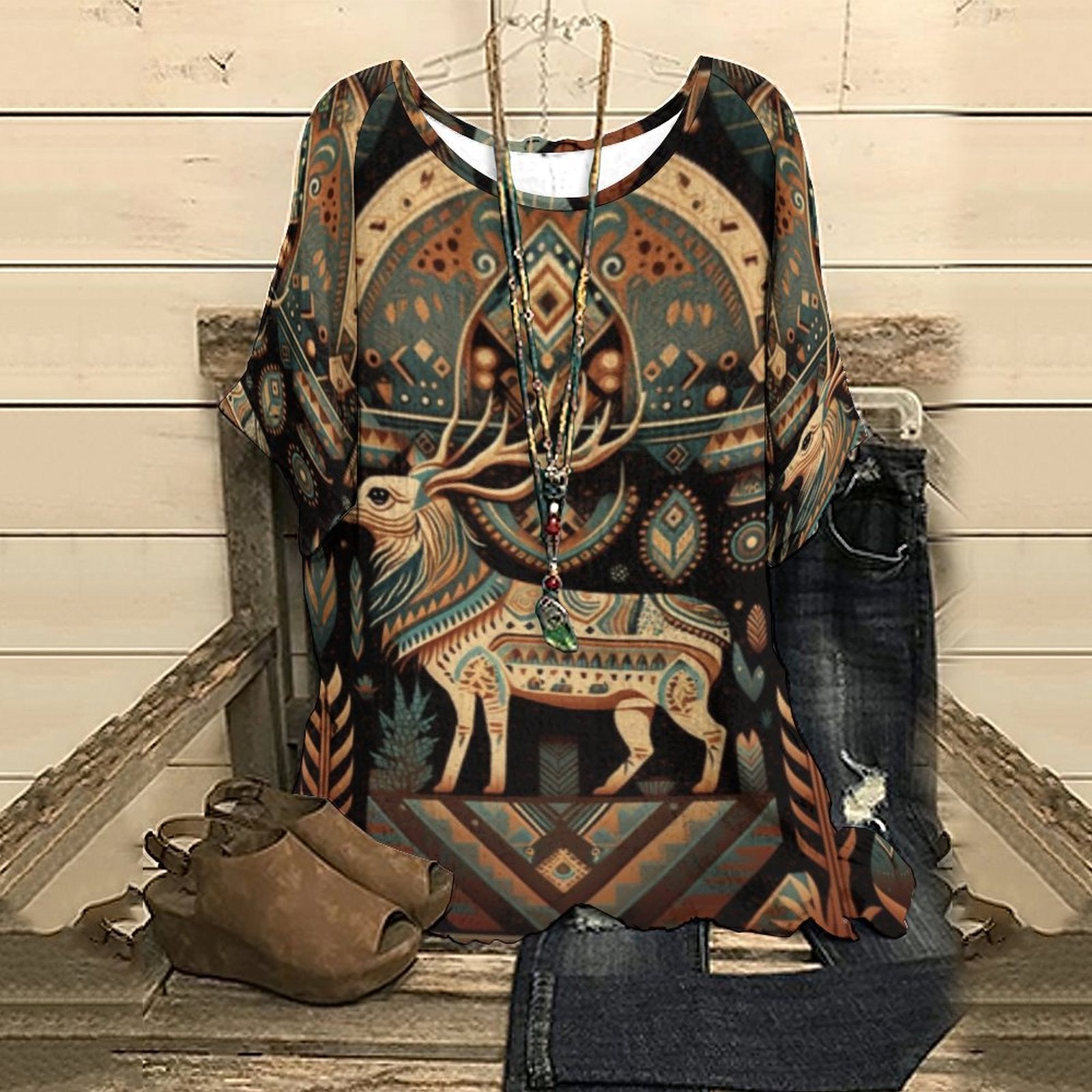 Summer Casual Aztec Geometric Tribal  Printed Half Sleeve Y2k Clothes