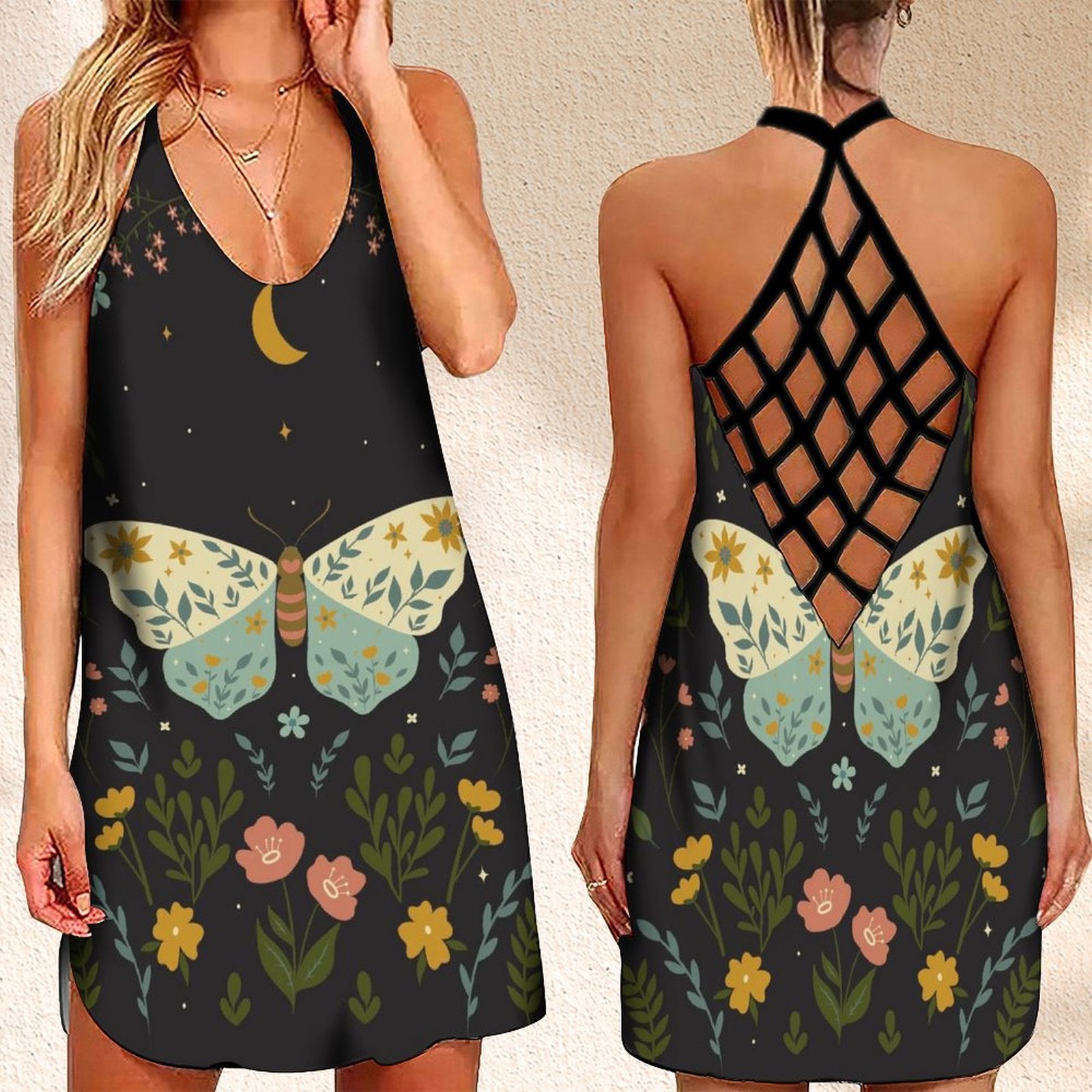 Summer Dress Butterfly Mood  Printed Open Back Vintage Fancy Women's Dress