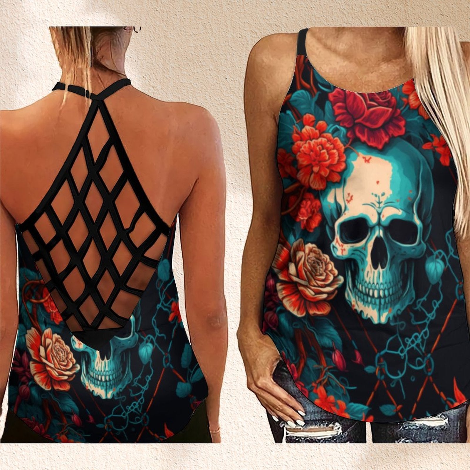 Outfits Summer Flower Skull 3D Print Backless Top Criss Cross Tank Top