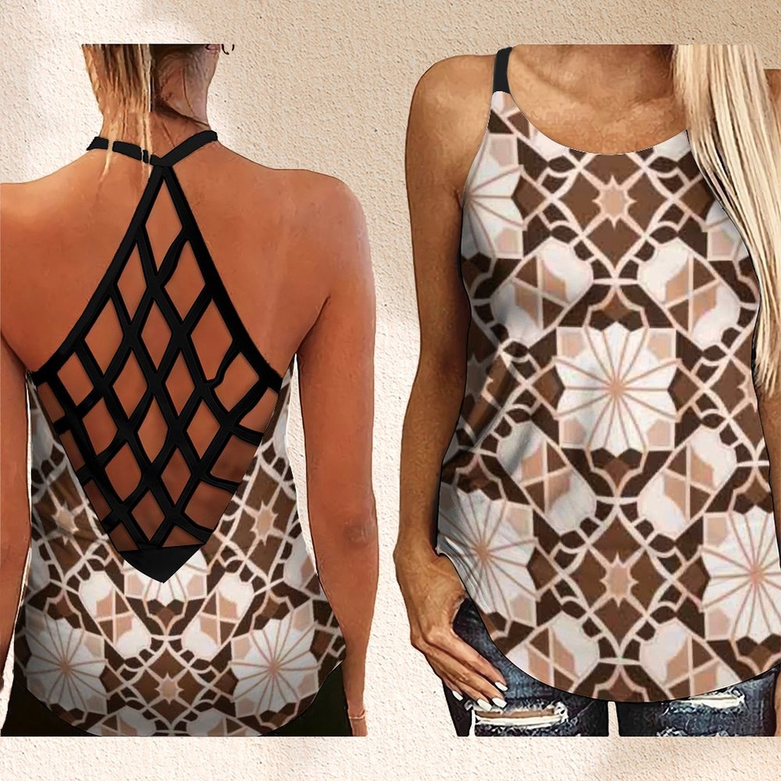Outfits Summer Arabesque Flower 3D Print Backless Top Criss Cross Tank Top