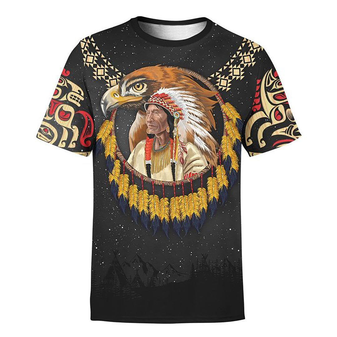 Chief Joseph and Eagle Dreamcatcher Black Color Native American 3D All Over Printed Shirt