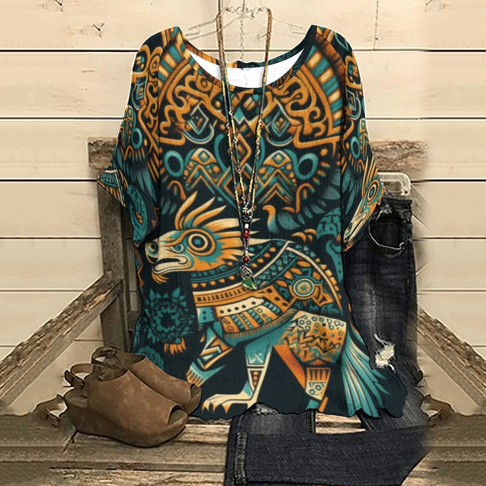 Summer Casual Aztec Geometric Tribal  Printed Half Sleeve Woman Clothes