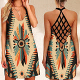 Summer Dress Native Aztec Tribe  Printed Open Back Boho Beach Dress