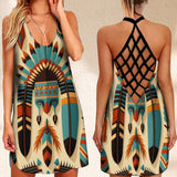 Summer Dress Native Aztec Tribe  Printed Open Back Boho Beach Dress