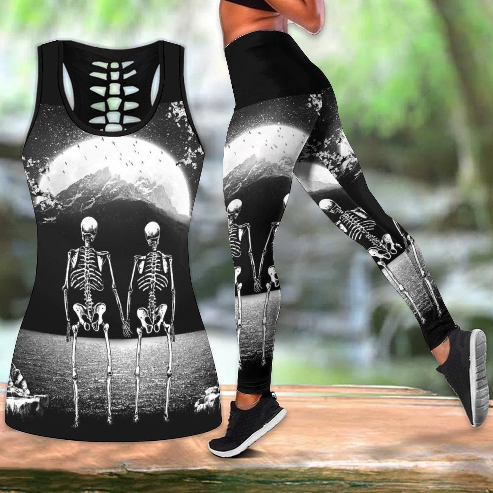 Summer  Skull Love  Printed  Tank Tops Outfits Casual Women Hollow Tank Top+Leggings Yoga Suit