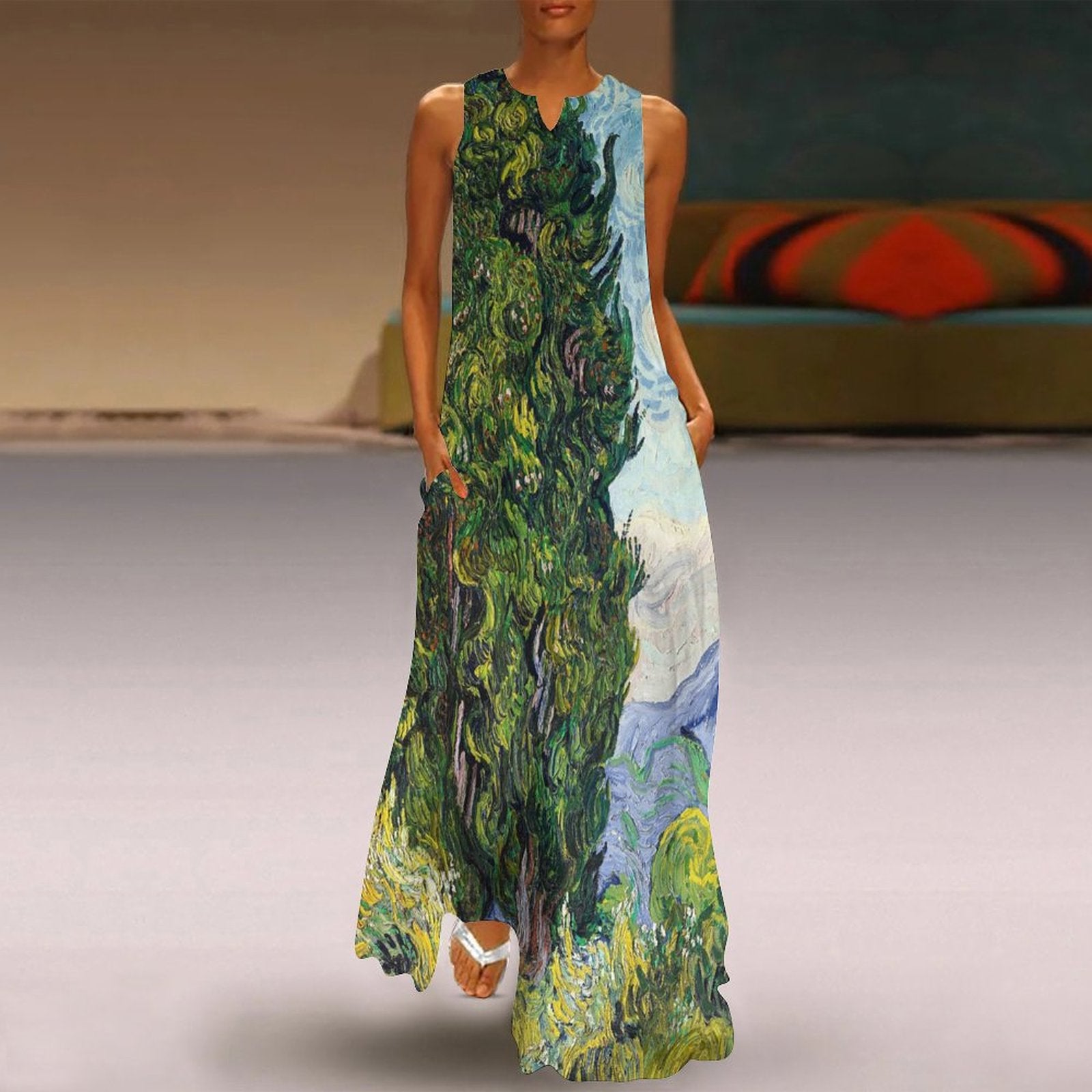 New Fashion Dress Top Oil Painiting Iandscape  Printed Long Dress Summer Women's Dresses Free Shipping