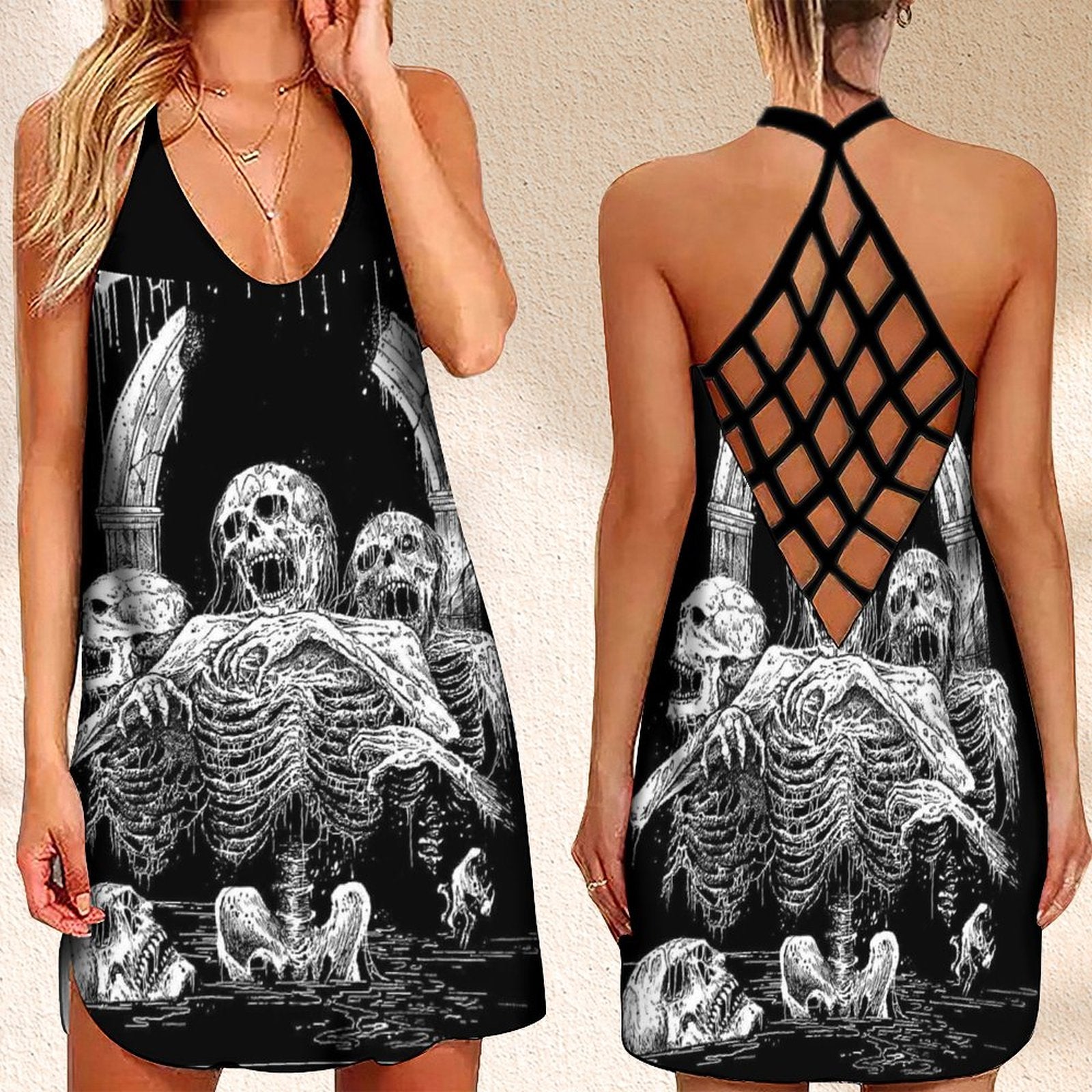 Summer Dress Skull Love  Printed Open Back Elegant Evening Dress