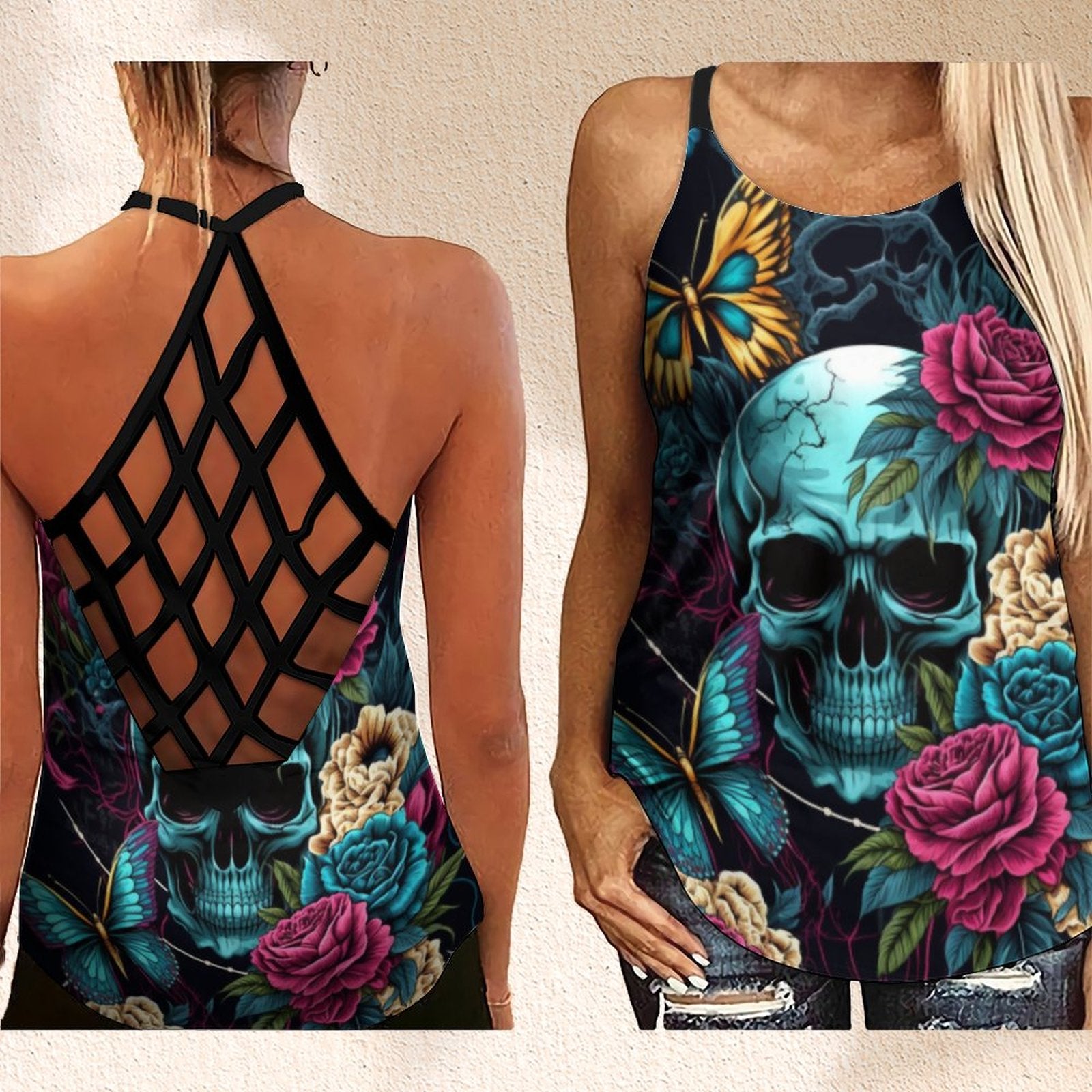 Outfits Summer Flower Skull 3D Print Backless Top Criss Cross Tank Top