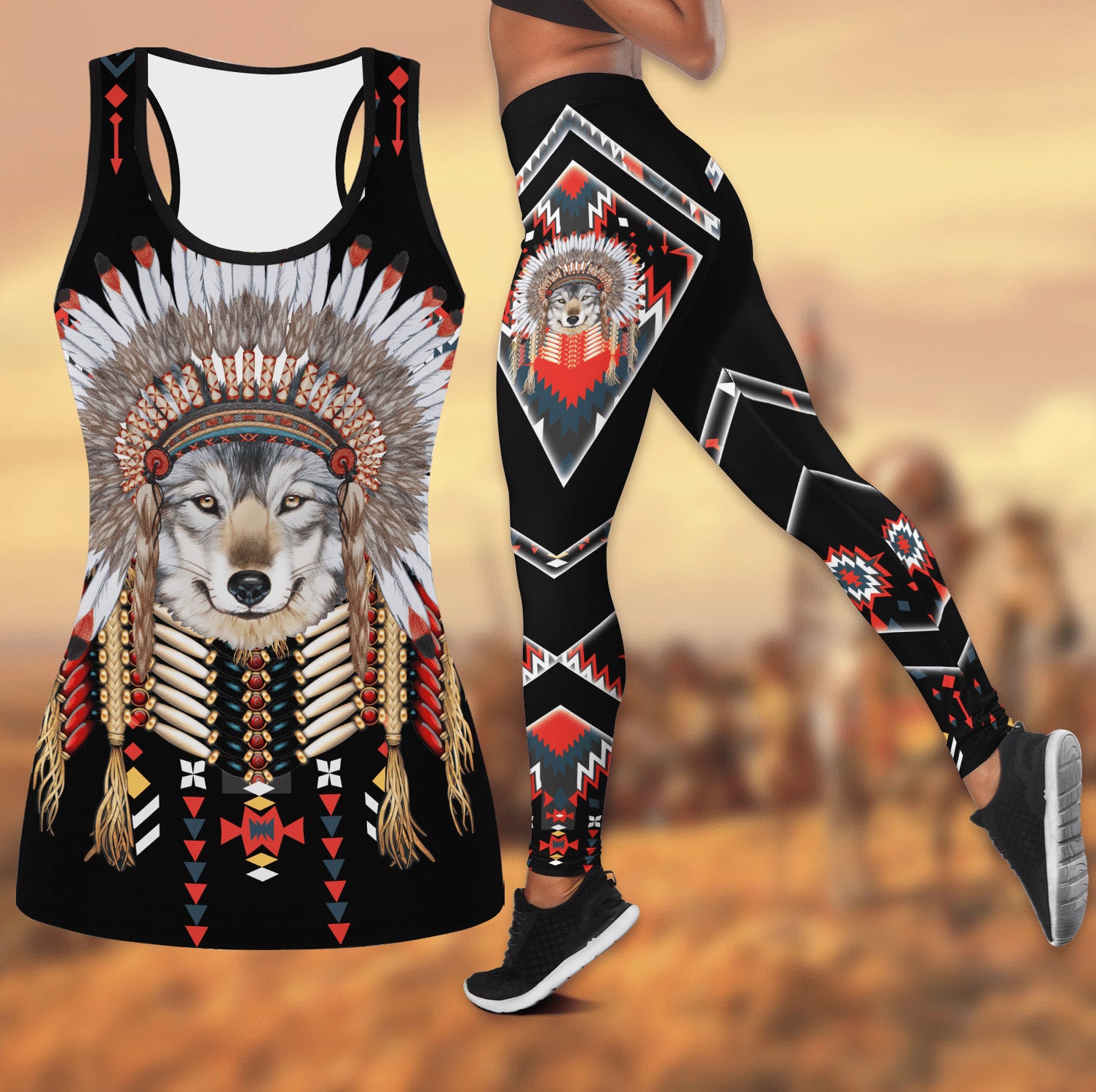 Wolf In Warbonnet Native American Leggings + Tank Top