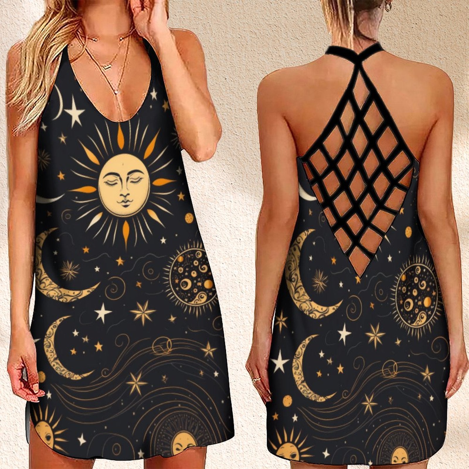 Summer Dress Sun Mood Stars  Printed Open Back Holiday Evening Dress 2023 Luxury