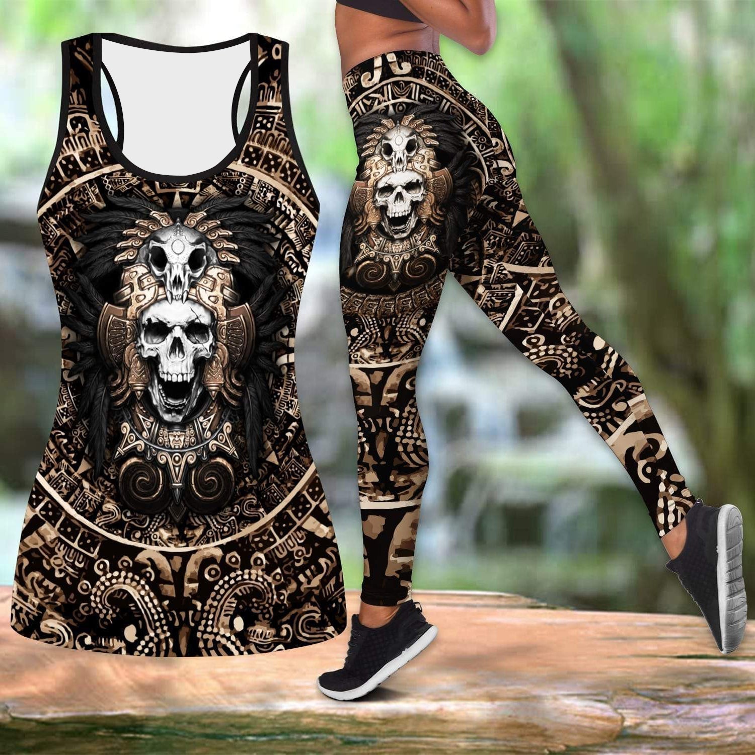 Skull Warrior Aztec Full Body Print Leggings + Tank Top