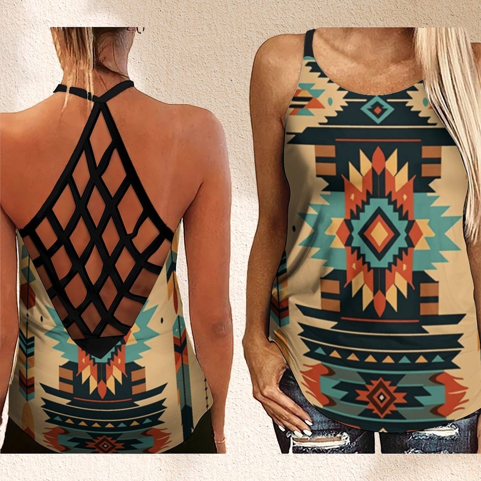 Outfits Summer Native Aztec Tribe 3D Print Backless Top Criss Cross Tank Top