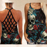 Flower Skull Design Print Summer Outfits  Criss Cross Tank Top