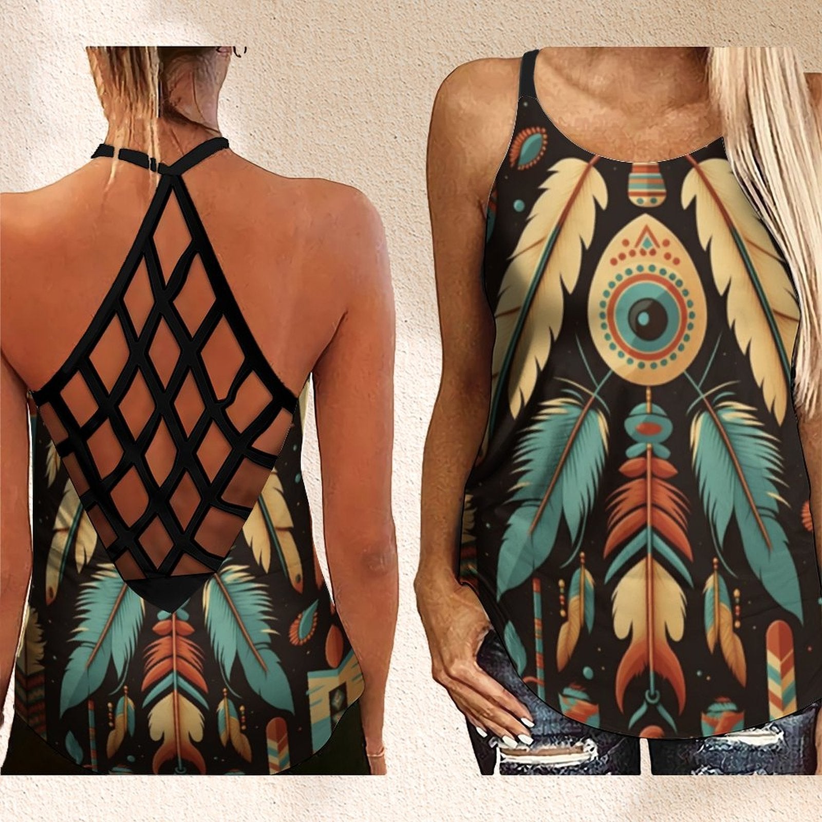 Native Aztec Design Print Summer Outfits Criss Cross Tank Top