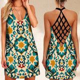 Summer Dress Arabesque Flower  Printed Open Back Holiday Y2k Clothes