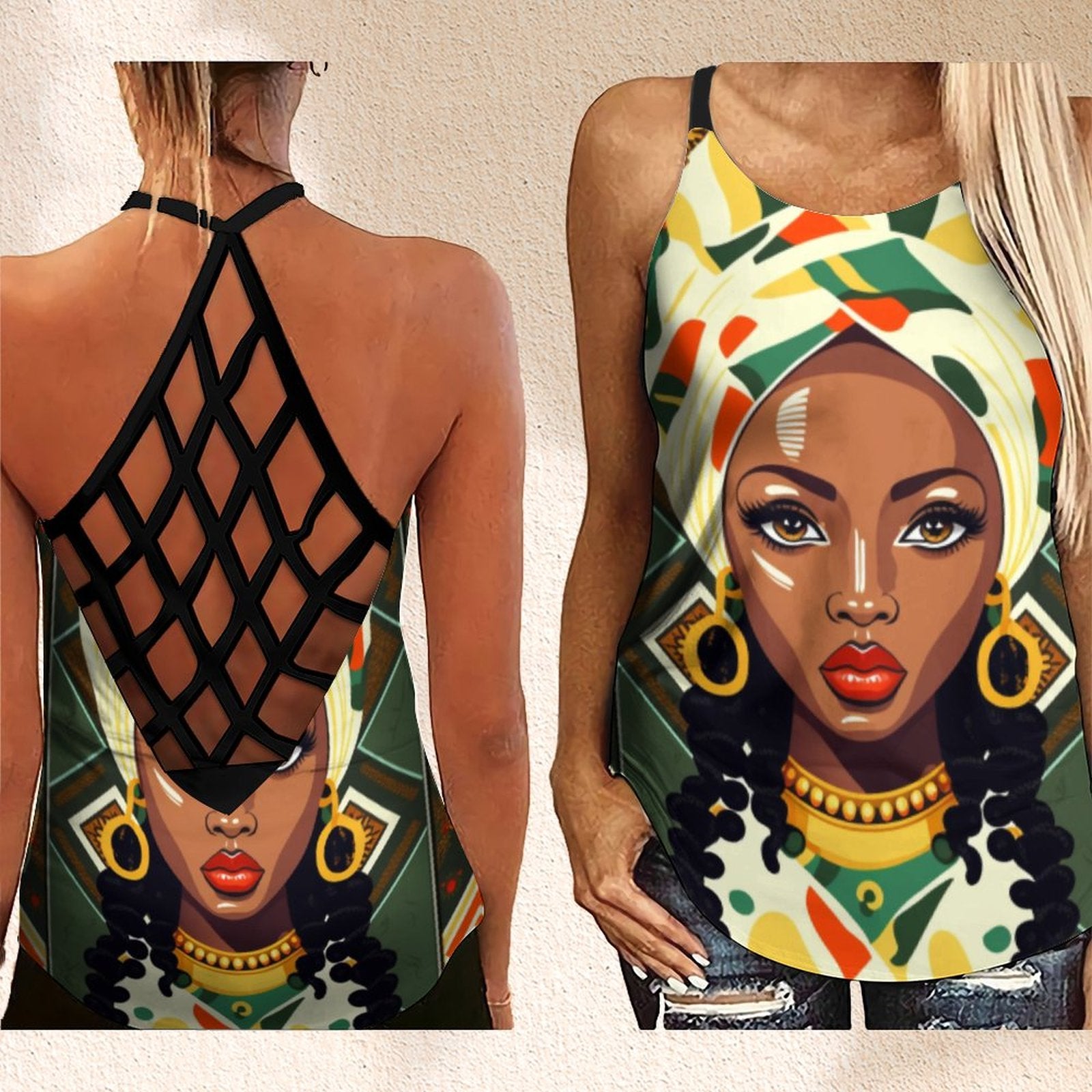 Outfits Summer African Girl Geometric Arabesque 3D Print Backless Top Cross Cross Tank Top