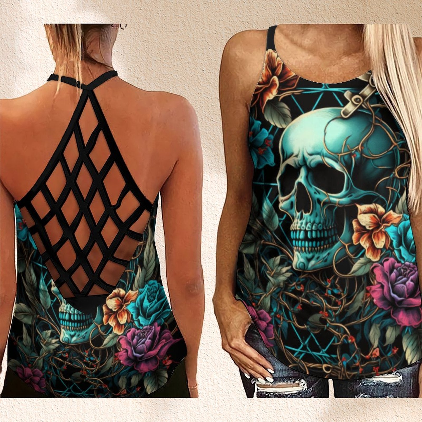 Flower Skull Design Print Summer Outfits  Criss Cross Tank Top