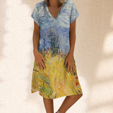 Summer Dress Oil Painiting Iandscape Printed Round Neck Y2k Clothes