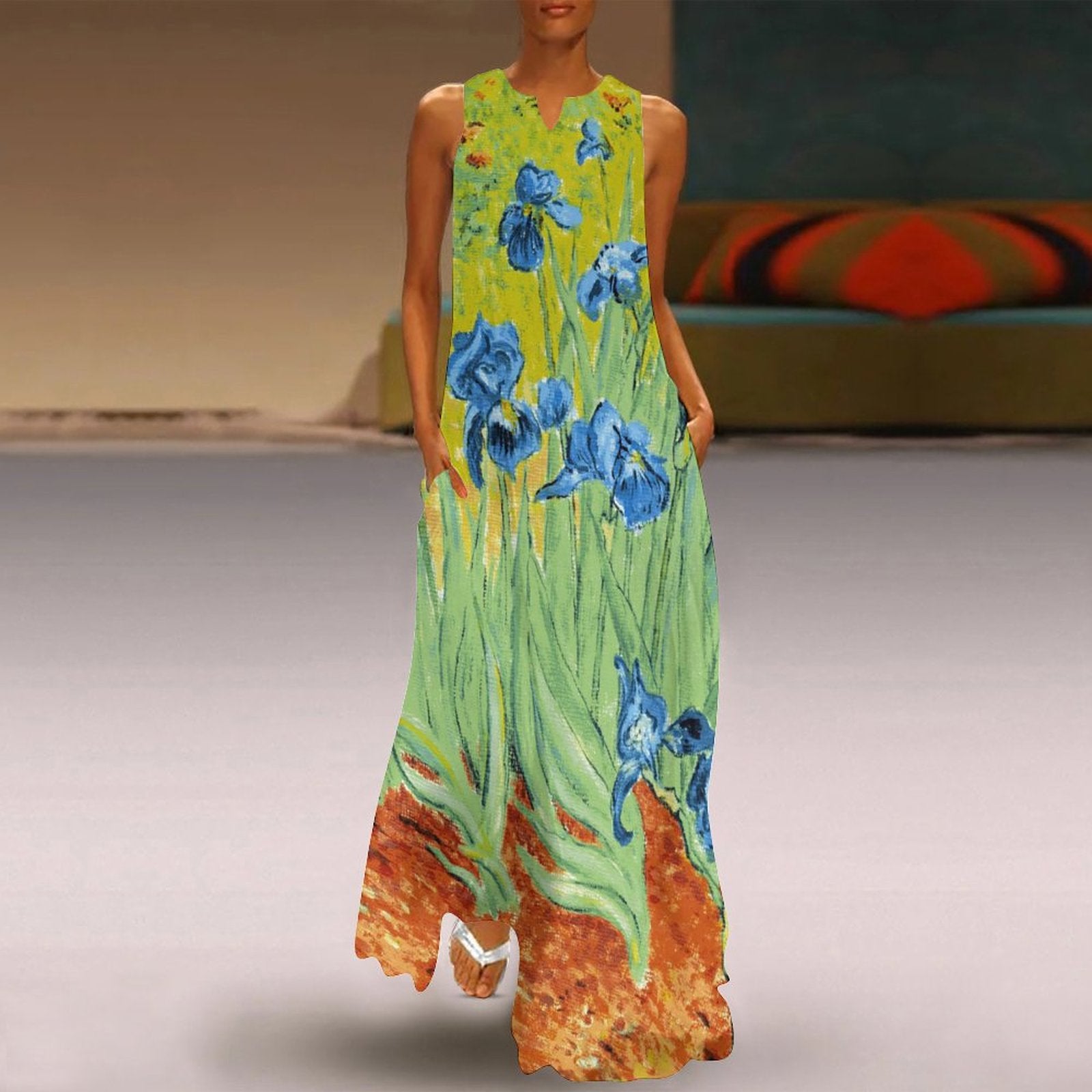 New Fashion Dress Top Oil Painiting Iandscape  Printed Long Dress Summer Women's Dresses Free Shipping