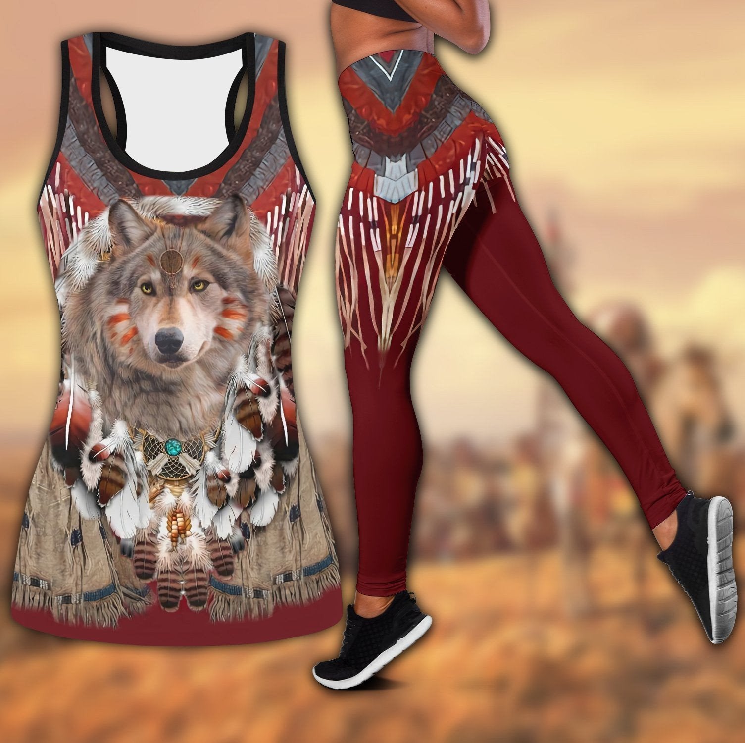 Native American Wolf Graphic Print Leggings + Tank Top