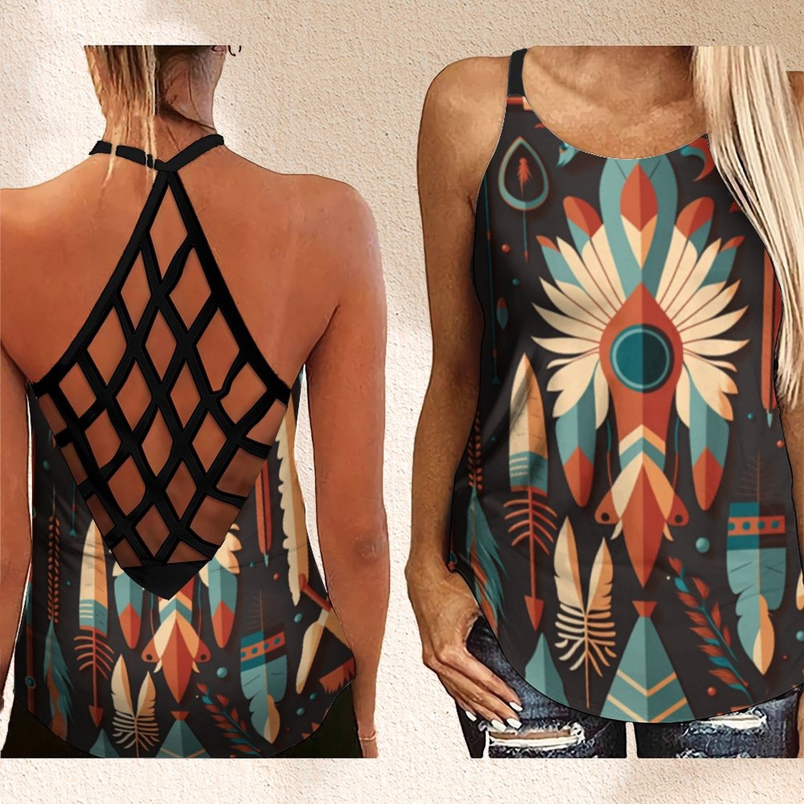 Native Aztec Design Print Summer Outfits Criss Cross Tank Top