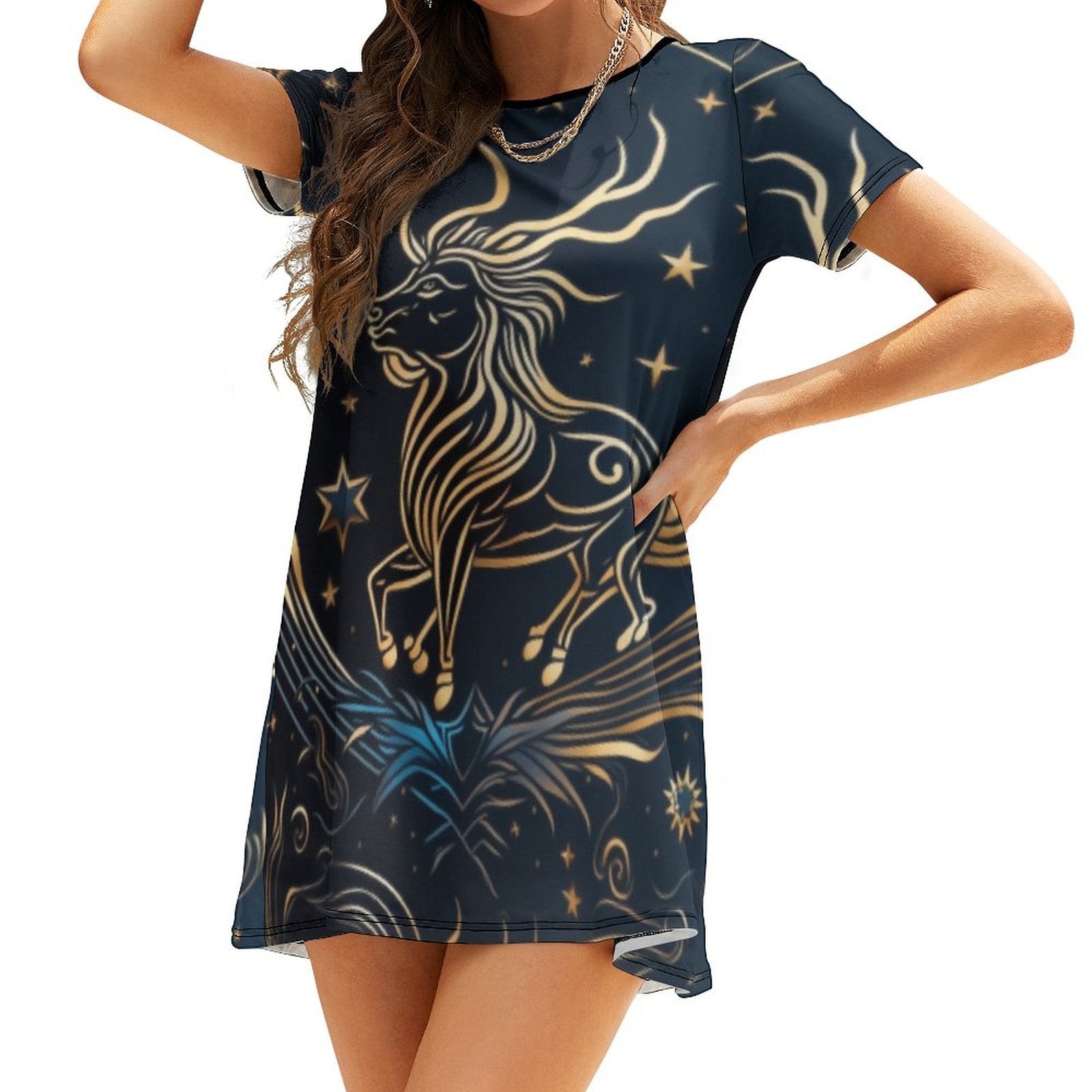Summer Design  Stars Zodiac  Print Sexy Short Sleeve Dress  Dress For Woman