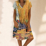 Summer Dress Oil Painiting Iandscape Printed Round Neck Dress For Women 2023