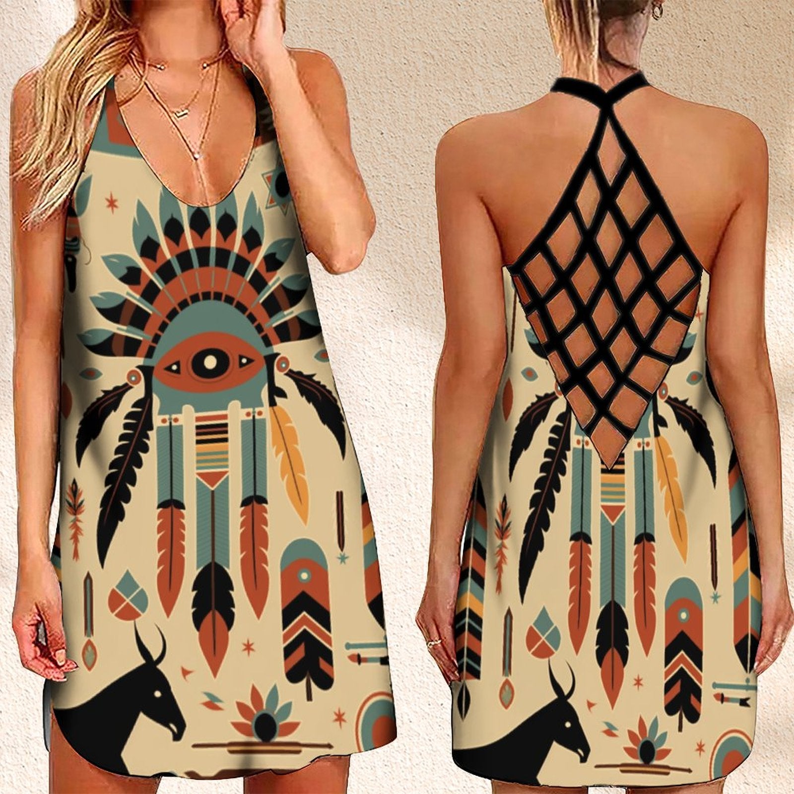 Summer Dress Native Aztec Tribe  Printed Open Back Casual Birthday Dresses For Woman