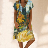 Summer Dress Oil Painiting Iandscape Printed Round Neck Dress For Women 2023