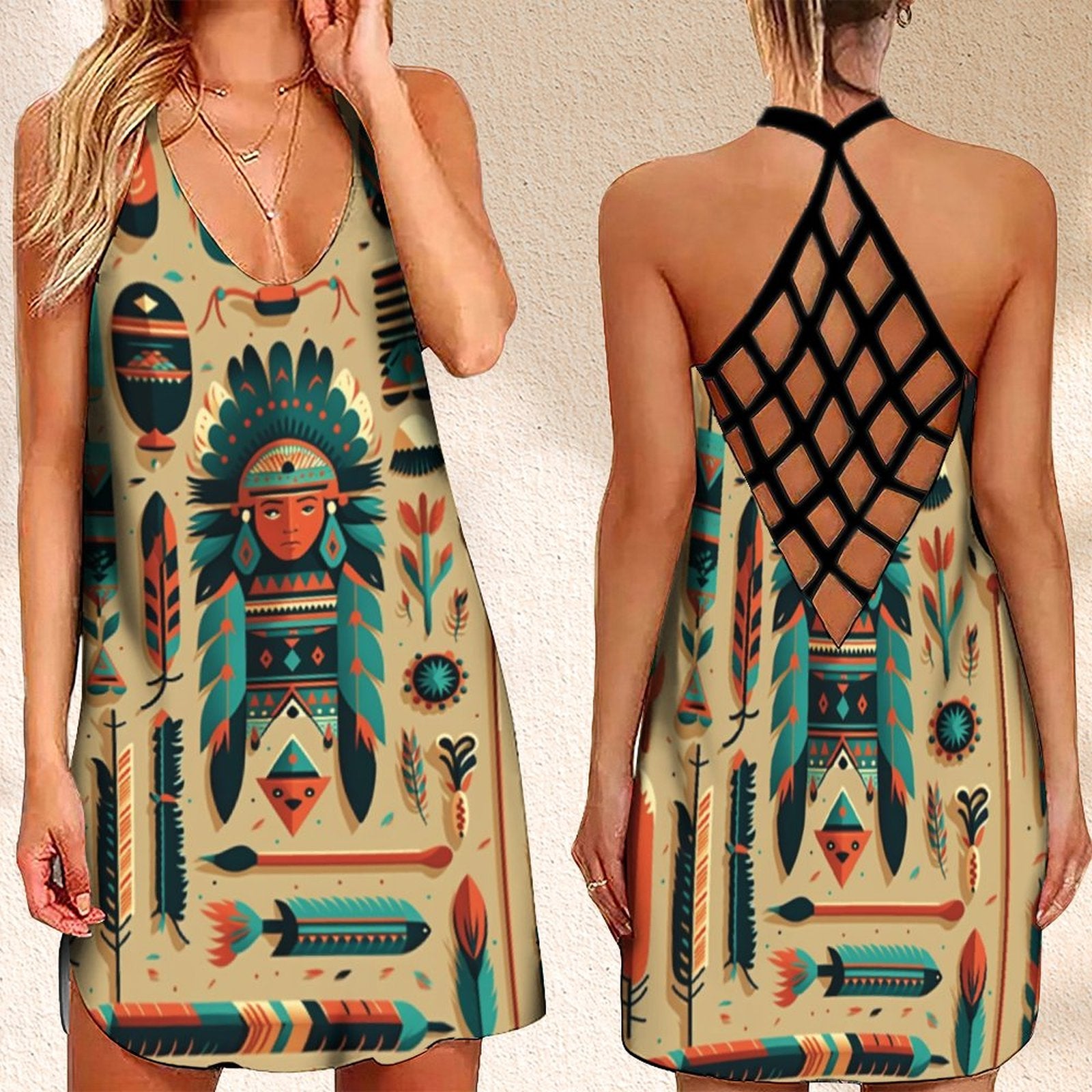 Summer Dress Native Aztec Tribe  Printed Open Back Boho Evening Dresses Women