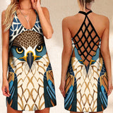 Summer Dress Arabian Falcon Geometric Arabesque  Printed Open Back Elegant Sundress