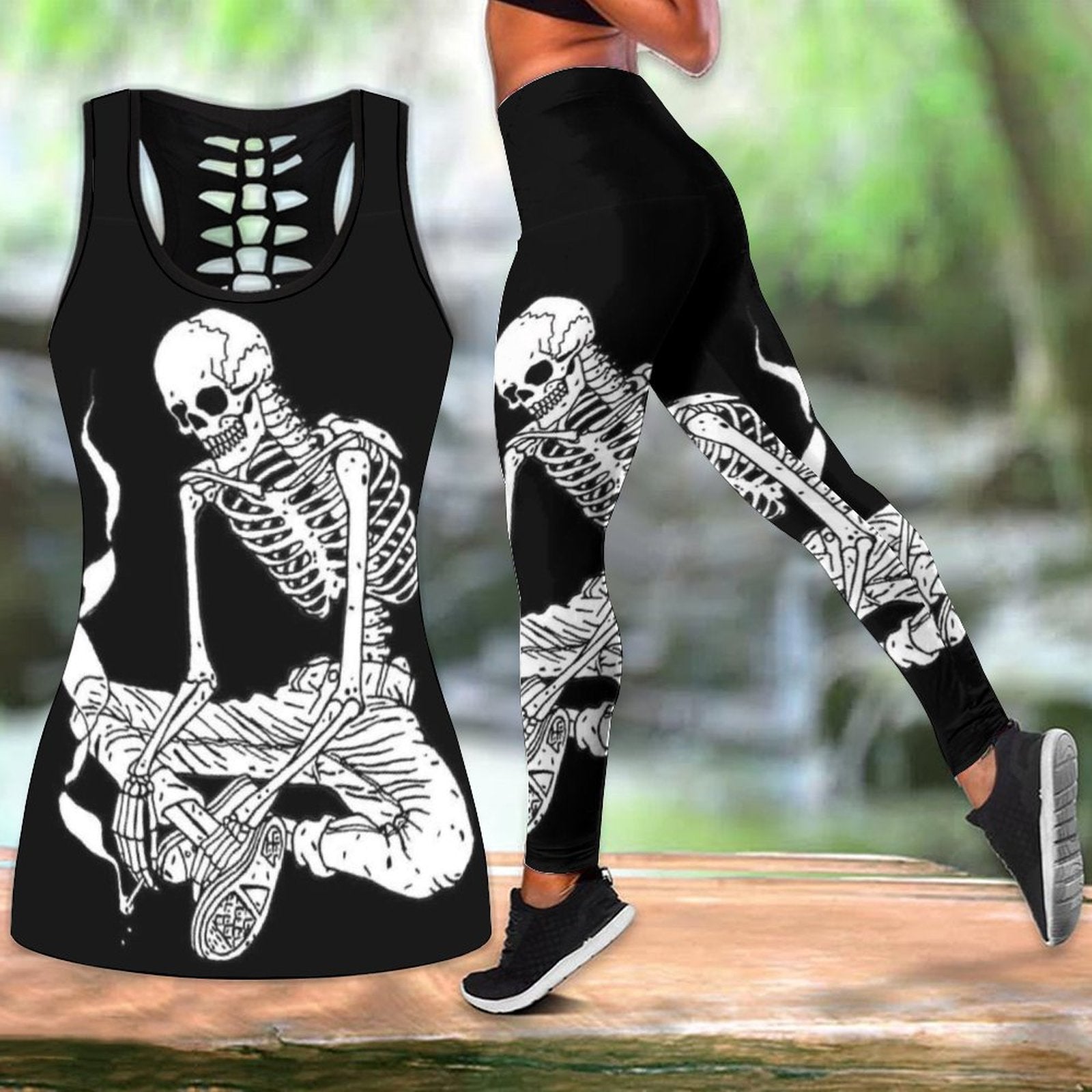 Summer  Skull Love  Printed  Tank Tops Outfits Casual Women Hollow Tank Top+Leggings Yoga Suit