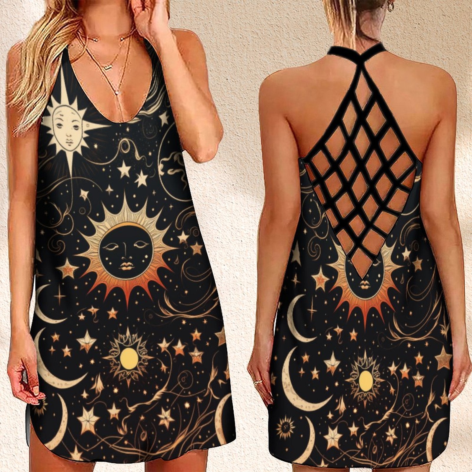 Summer Dress Sun Mood Stars  Printed Open Back Holiday Evening Dress 2023 Luxury