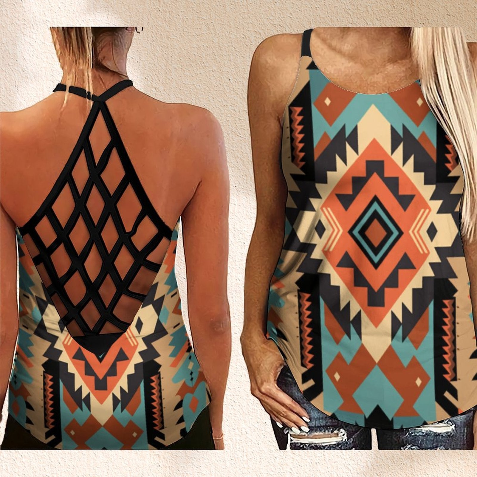 Outfits Summer Native Aztec Tribe 3D Print Backless Top Criss Cross Tank Top
