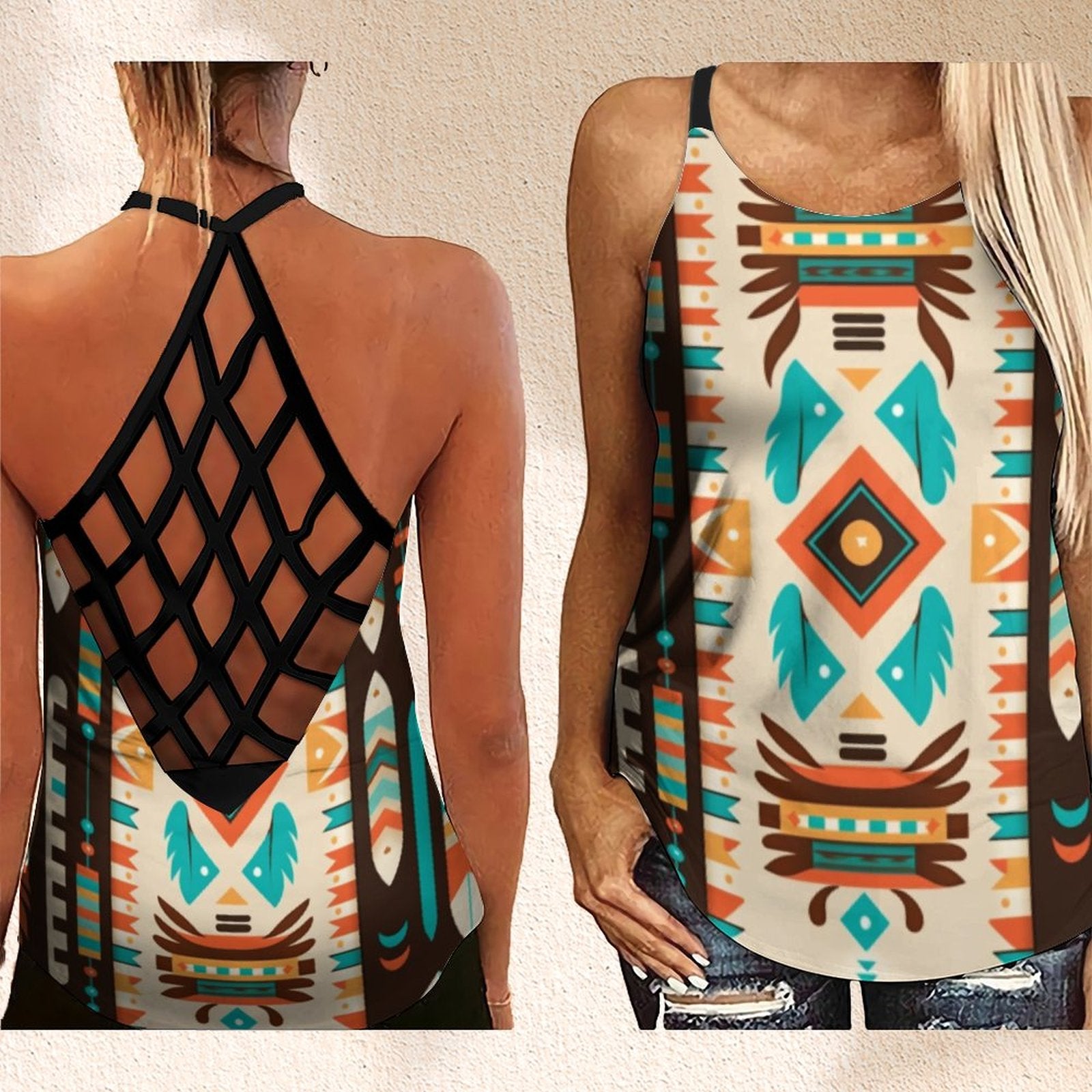 Native Aztec Design Print Summer Outfits  Criss Cross Tank Top