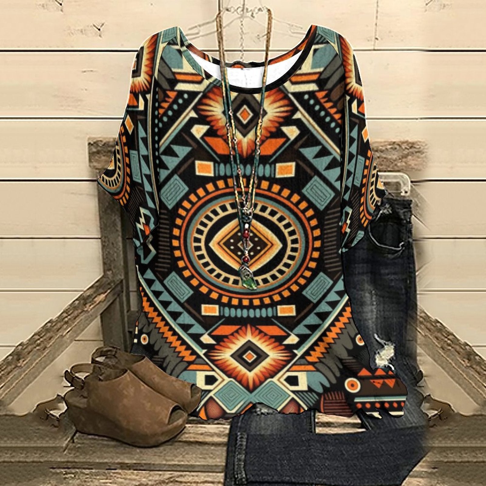 Summer Casual Aztec Mexican Geometric  Printed Half Sleeve Woman Clothes